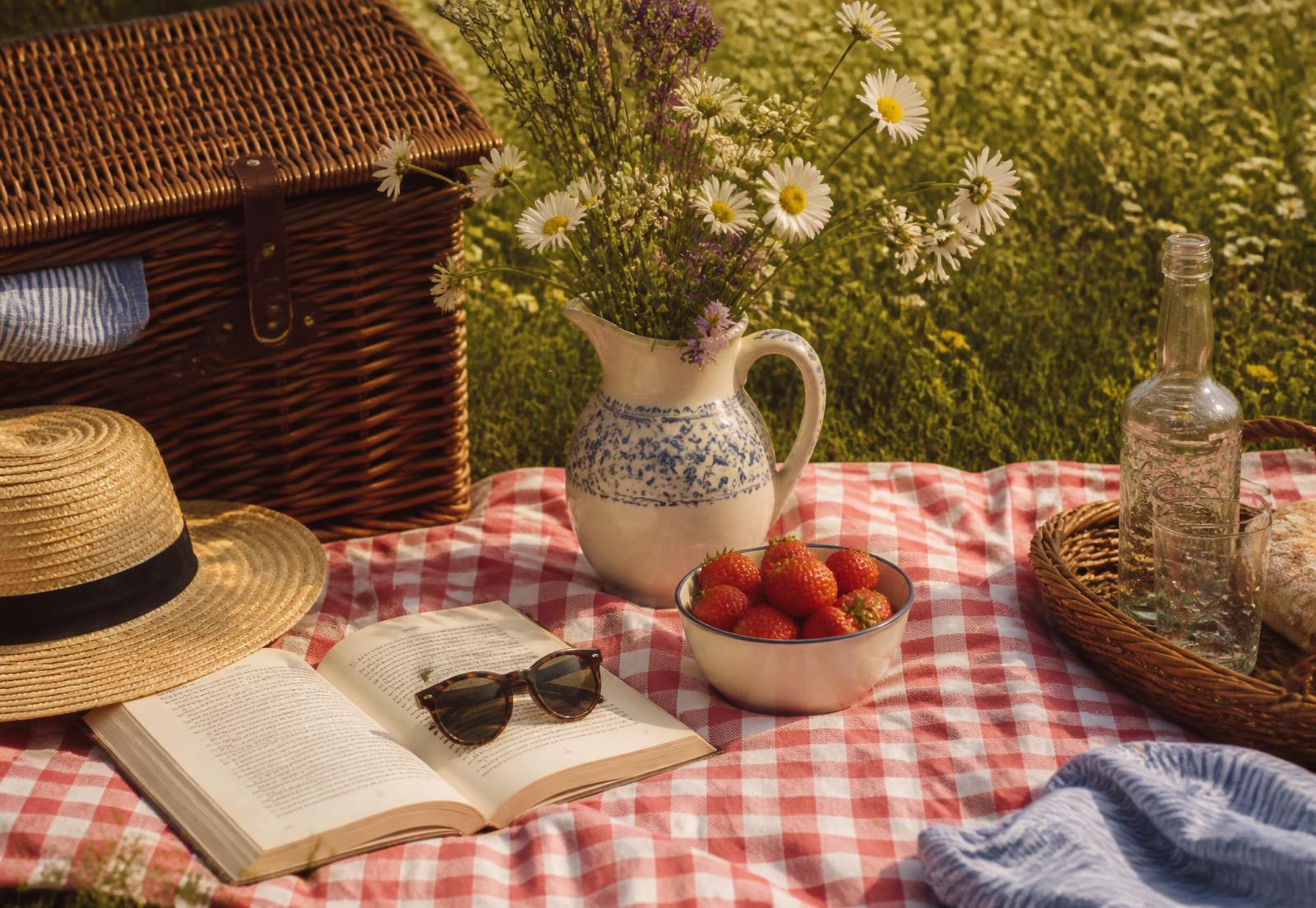 A red gingham blanket with a wicker basket, wildflowers and a bowl of strawberries on summer grass